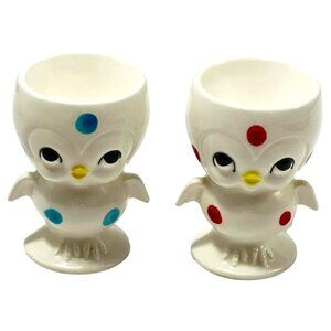 Chick Anthropomorphic Bird Egg Cup Polka Dot Lot 2 White Blue Red Vintage 60s